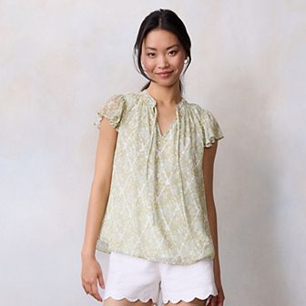 Petite LC Lauren Conrad Tie Front Ruffle V-Neck Shell Top