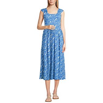 Women's Lands' End Slub Cap Sleeve Shirred Skirt Midi Dress