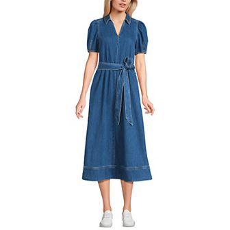 Women's Lands' End Soft Denim Puff Sleeve Midi Dress