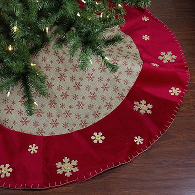 Northlight 60-Inch Burlap Glittered Snowflake Christmas Tree Skirt with Velvet Trim