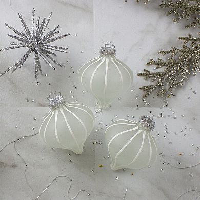 Northlight 3-pk. Clear & White Matte Frosted Glitter Stripes Glass Christmas Ornament