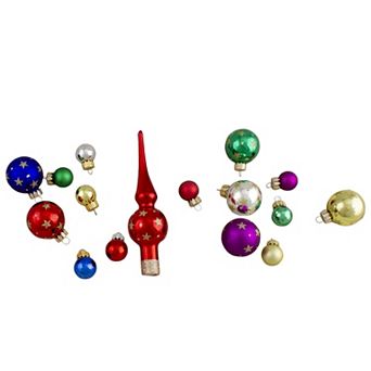 Northlight 16 pc Assorted Glass Ball Christmas Ornaments Set with Tree Topper