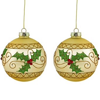 Northlight 2 pc Glittered Holly & Berries Christmas Glass Ball Ornaments Set