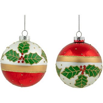 Northlight 2 pc Holly and Berry Striped Christmas Ornament Set