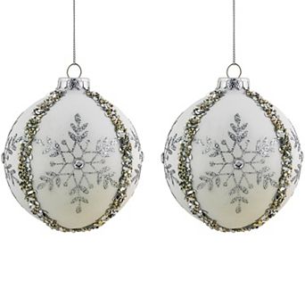 Northlight 2 pc 4-Inch Sequin Glitter Snowflake Glass Christmas Ornament Set