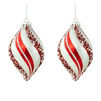 Northlight 2 pc 5.5-Inch Glitter and Beads Striped Finial Glass Christmas Ornament Set