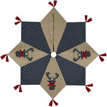 Northlight 48-Inch Burlap & Blue Plaid Reindeer Christmas Tree Skirt with Tassels