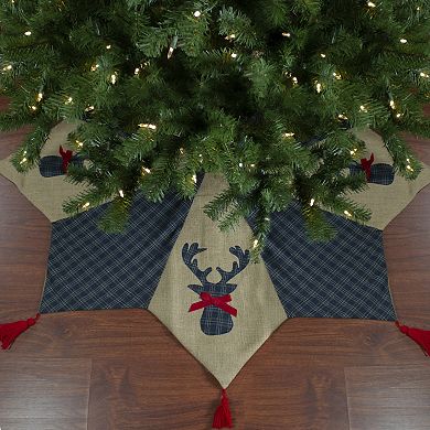 Northlight 48-Inch Burlap & Blue Plaid Reindeer Christmas Tree Skirt with Tassels