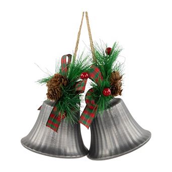 Northlight 2 pc 7-Inch Bells with Pine Sprigs & Plaid Bow Christmas Ornament Set