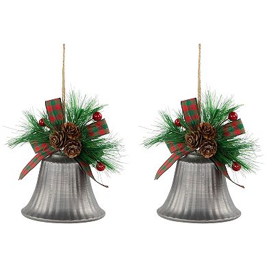 Northlight 2-pc. 7-Inch Bells with Pine Sprigs & Plaid Bow Christmas Ornament Set