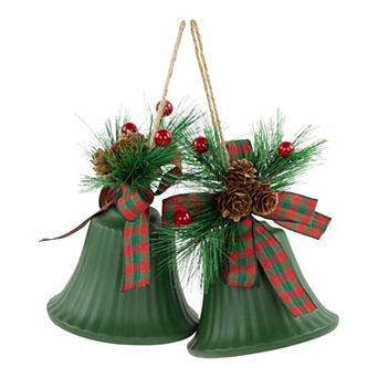 Northlight 2 pc 7-Inch Christmas Bells with Pinecones & Plaid Bow Christmas Ornament Set