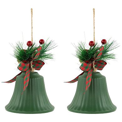 Northlight 2-pc. 7-Inch Christmas Bells with Pinecones & Plaid Bow Christmas Ornament Set