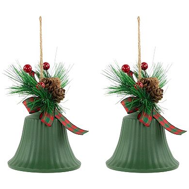 Northlight 2-pc. 7-Inch Christmas Bells with Pinecones & Plaid Bow Christmas Ornament Set