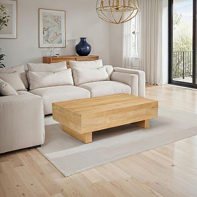 Elias Coffee Table, 42 inch Rectangular Top, Sandblasted Natural Brown Mango Wood