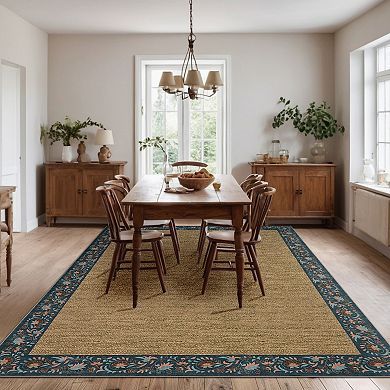 Garvee Floral Borderd Machine Washable Rug Non-Slip Stain-Resistant Low Pile Mat