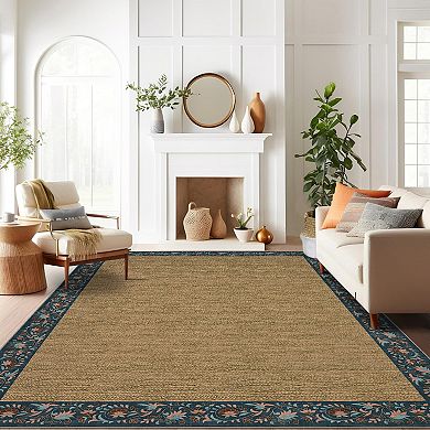 Garvee Floral Borderd Machine Washable Rug Non-Slip Stain-Resistant Low Pile Mat