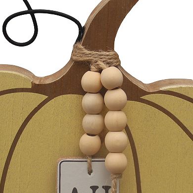 Pumpkin Sign Decoration with Wooden Beads Garland, Wooden Autumn Tabletop Decor