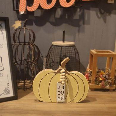 Pumpkin Sign Decoration with Wooden Beads Garland, Wooden Autumn Tabletop Decor