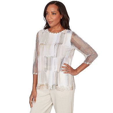 Petite Alfred Dunner Neutral Brushstrokes Mesh Top