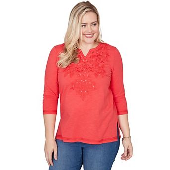 Petite Alfred Dunner Tonal Embroidered Split Neck Top