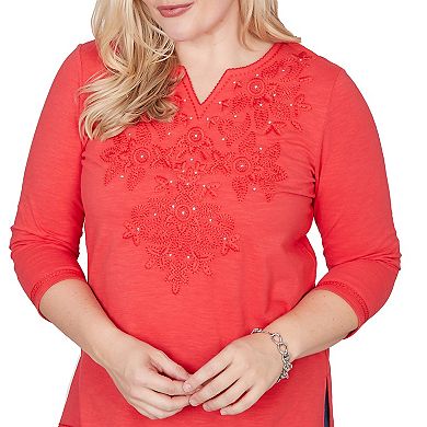 Petite Alfred Dunner Tonal Embroidered Split Neck Top