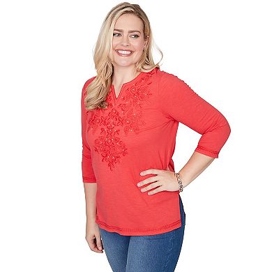Petite Alfred Dunner Tonal Embroidered Split Neck Top