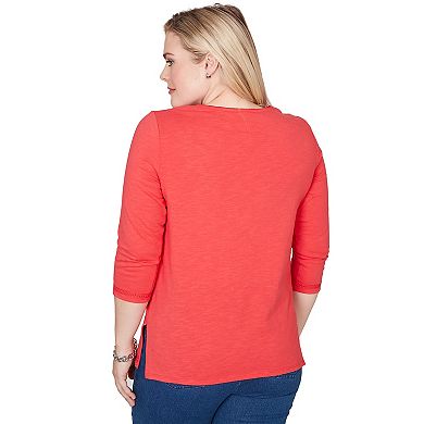 Petite Alfred Dunner Tonal Embroidered Split Neck Top