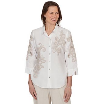 Petite Alfred Dunner Scroll Soutache Button Front Top