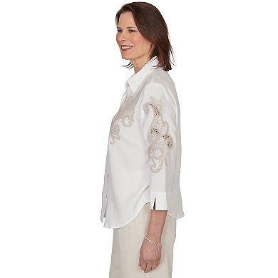 Petite Alfred Dunner Scroll Soutache Button Front Top