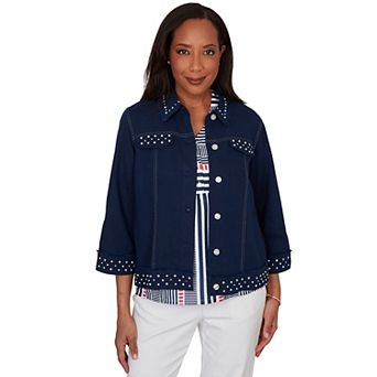 Petite Alfred Dunner Pearl Trim Denim Jacket