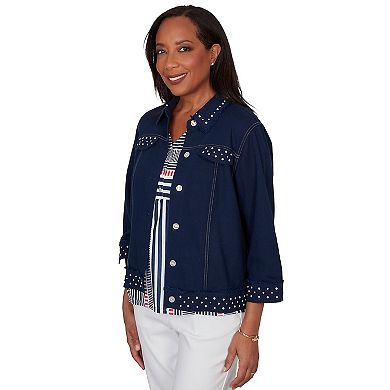 Petite Alfred Dunner Pearl Trim Denim Jacket