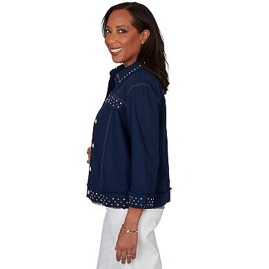 Petite Alfred Dunner Pearl Trim Denim Jacket