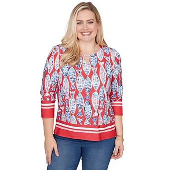 Petite Alfred Dunner Mosaic Fish Split Beaded Neck Top
