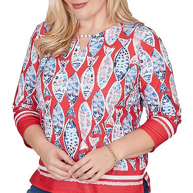 Petite Alfred Dunner Mosaic Fish Split Beaded Neck Top