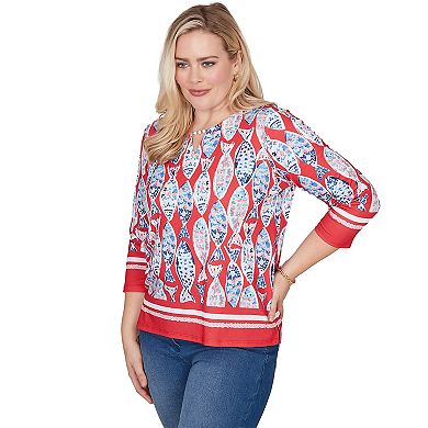 Petite Alfred Dunner Mosaic Fish Split Beaded Neck Top