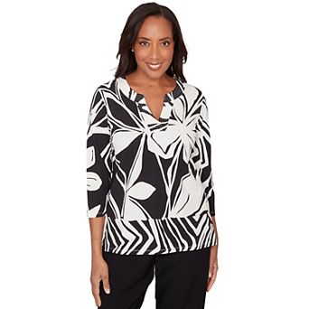 Petite Alfred Dunner Dramatic Abstract Floral Split Neck Top