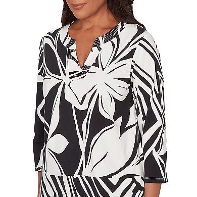 Petite Alfred Dunner Dramatic Abstract Floral Split Neck Top