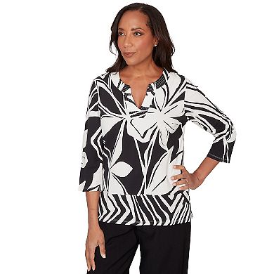 Petite Alfred Dunner Dramatic Abstract Floral Split Neck Top