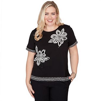 Petite Alfred Dunner Flower Sequin Lace Border Tee