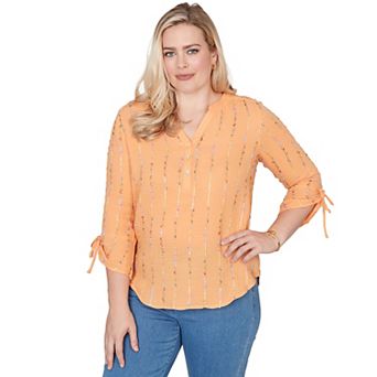 Petite Alfred Dunner Eyelash Gauze Textured Tie Sleeve Henley Top
