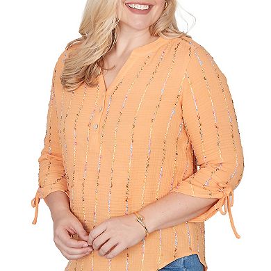 Petite Alfred Dunner Eyelash Gauze Textured Tie Sleeve Henley Top