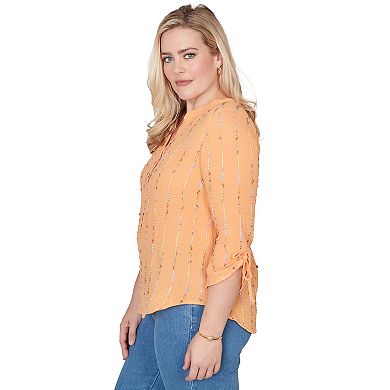 Petite Alfred Dunner Eyelash Gauze Textured Tie Sleeve Henley Top