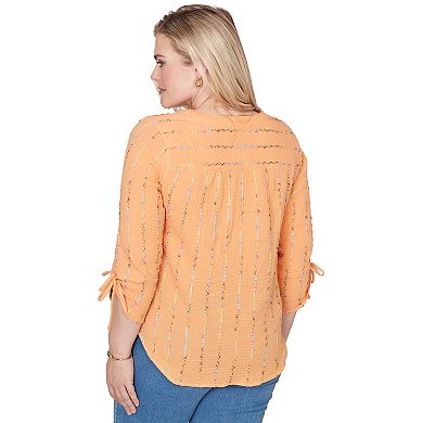Petite Alfred Dunner Eyelash Gauze Textured Tie Sleeve Henley Top