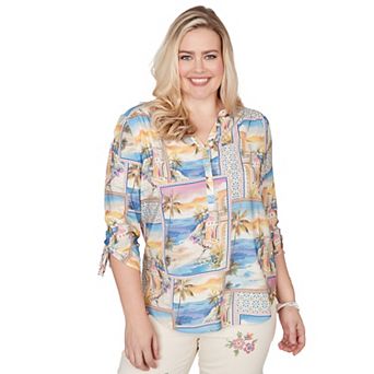 Petite Alfred Dunner Postcard Print Tie Sleeve Henley Top
