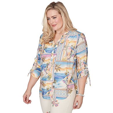 Petite Alfred Dunner Postcard Print Tie Sleeve Henley Top