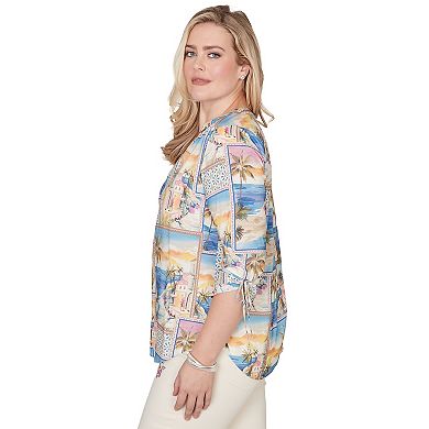 Petite Alfred Dunner Postcard Print Tie Sleeve Henley Top