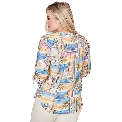 Petite Alfred Dunner Postcard Print Tie Sleeve Henley Top