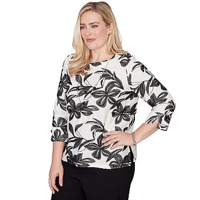 Petite Alfred Dunner Embroidered Flower Top with Necklace