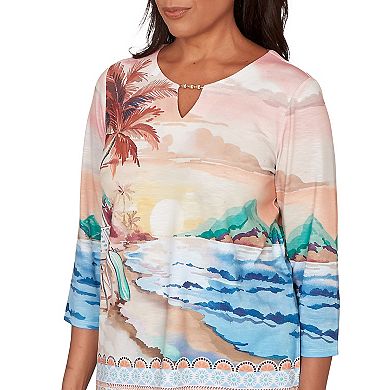 Petite Alfred Dunner Sunset Beach Scenic Split Neck Top