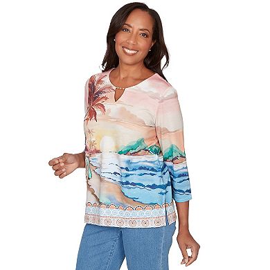 Petite Alfred Dunner Sunset Beach Scenic Split Neck Top